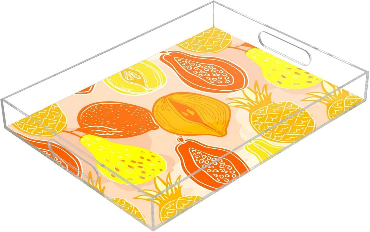 Papaya Mango Pear Peach Serving Tray with Handles Decorative Ottoman Rectangle Acrylic Tray for Party Breakfast Dinner 16"x12"