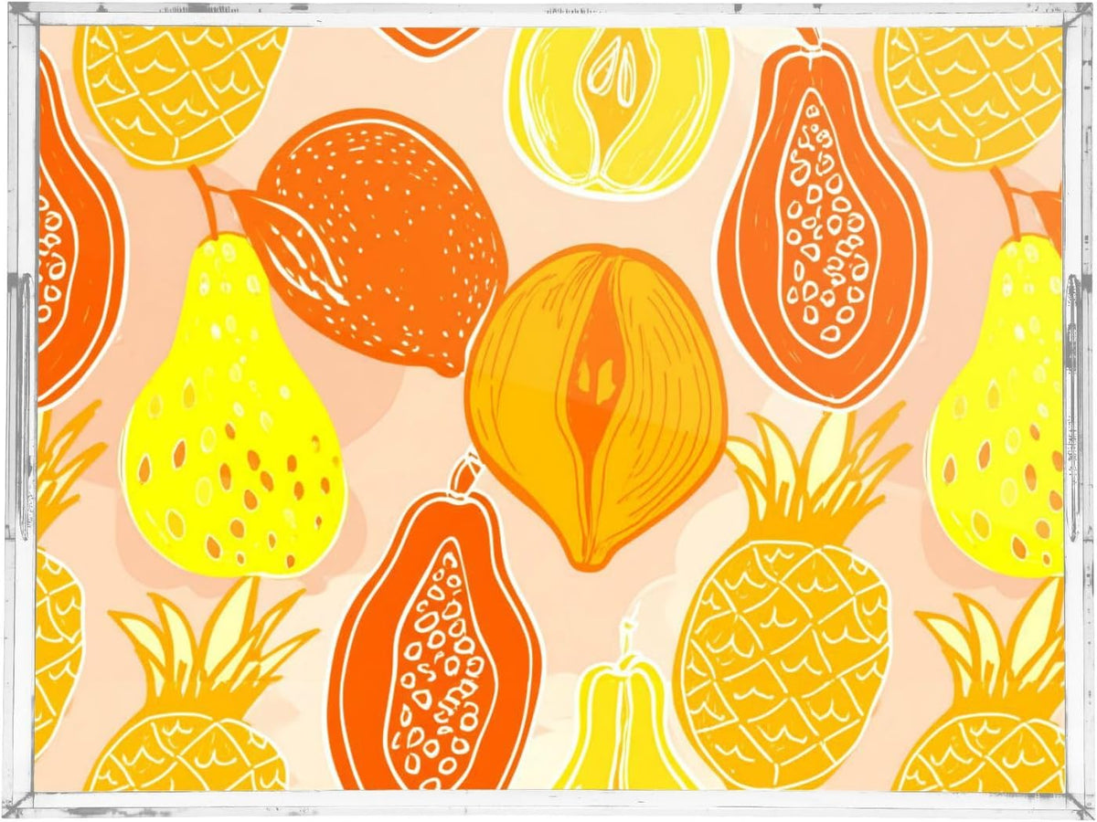 Papaya Mango Pear Peach Serving Tray with Handles Decorative Ottoman Rectangle Acrylic Tray for Party Breakfast Dinner 16"x12"