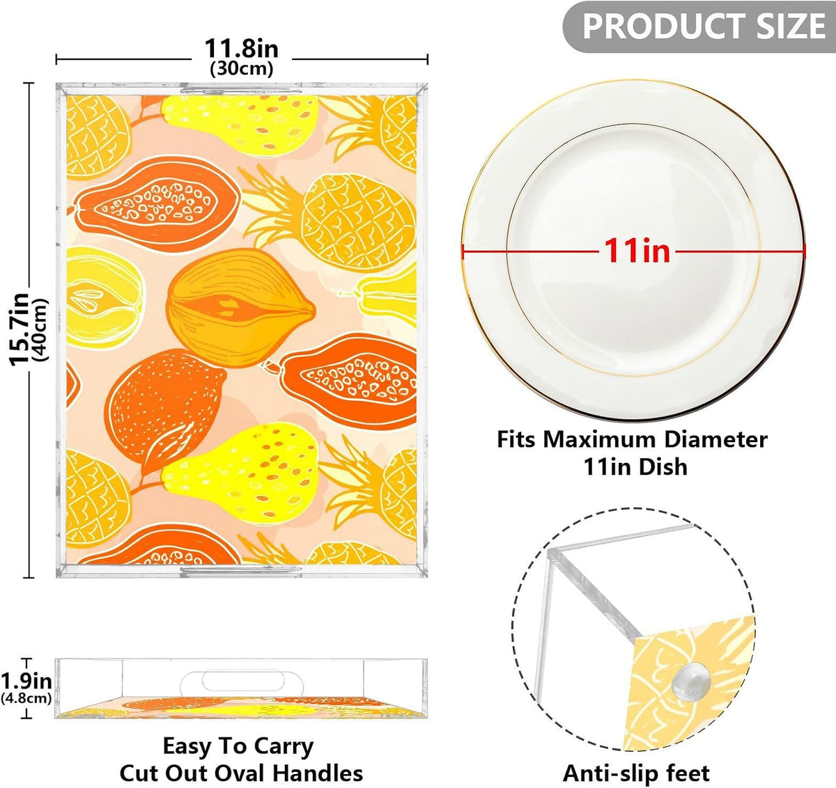 Papaya Mango Pear Peach Serving Tray with Handles Decorative Ottoman Rectangle Acrylic Tray for Party Breakfast Dinner 16"x12"