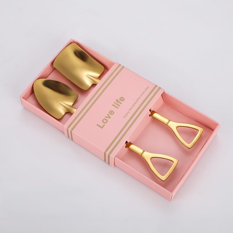 Golden Stainless Steel Coffee & Tea Spoons - Round Dessert & Long Handle Spoons (Set of 6, Pink)