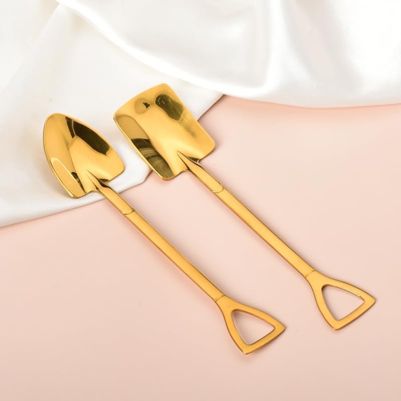 Golden Stainless Steel Coffee & Tea Spoons - Round Dessert & Long Handle Spoons (Set of 6, Pink)