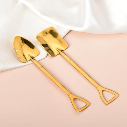 Golden Stainless Steel Coffee & Tea Spoons - Round Dessert & Long Handle Spoons (Set of 6, Pink)