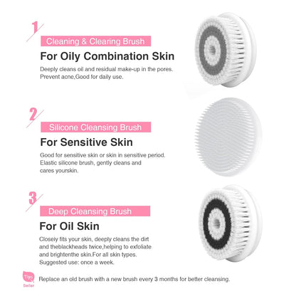 Spin Brush Face Cleanser with 3 Brush Heads for Deep Cleansing Exfoliation and Massaging