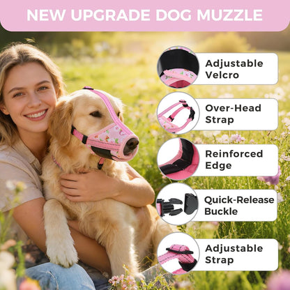Dog Muzzle, Soft Muzzle Anti Biting Barking Chewing, Comfortable Air Mesh Mouth Guard Breathable Adjustable Loop Pets Muzzle for Small Medium Large Dogs,Allows Panting Drinking,Pink Flowers S