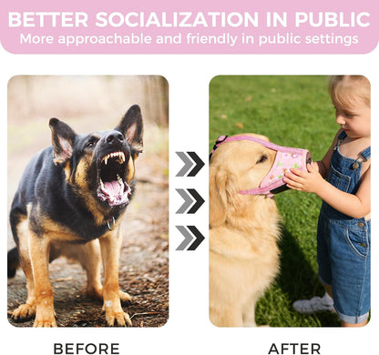 Dog Muzzle, Soft Muzzle Anti Biting Barking Chewing, Comfortable Air Mesh Mouth Guard Breathable Adjustable Loop Pets Muzzle for Small Medium Large Dogs,Allows Panting Drinking,Pink Flowers S