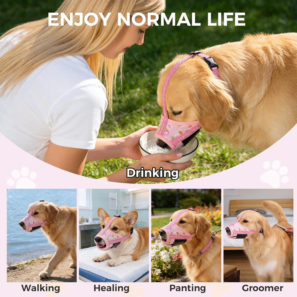 Dog Muzzle, Soft Muzzle Anti Biting Barking Chewing, Comfortable Air Mesh Mouth Guard Breathable Adjustable Loop Pets Muzzle for Small Medium Large Dogs,Allows Panting Drinking,Pink Flowers S