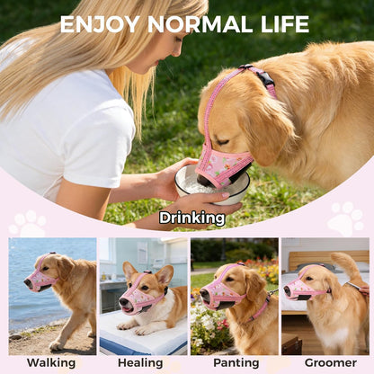 Dog Muzzle, Soft Muzzle Anti Biting Barking Chewing, Comfortable Air Mesh Mouth Guard Breathable Adjustable Loop Pets Muzzle for Small Medium Large Dogs,Allows Panting Drinking,Pink Flowers S