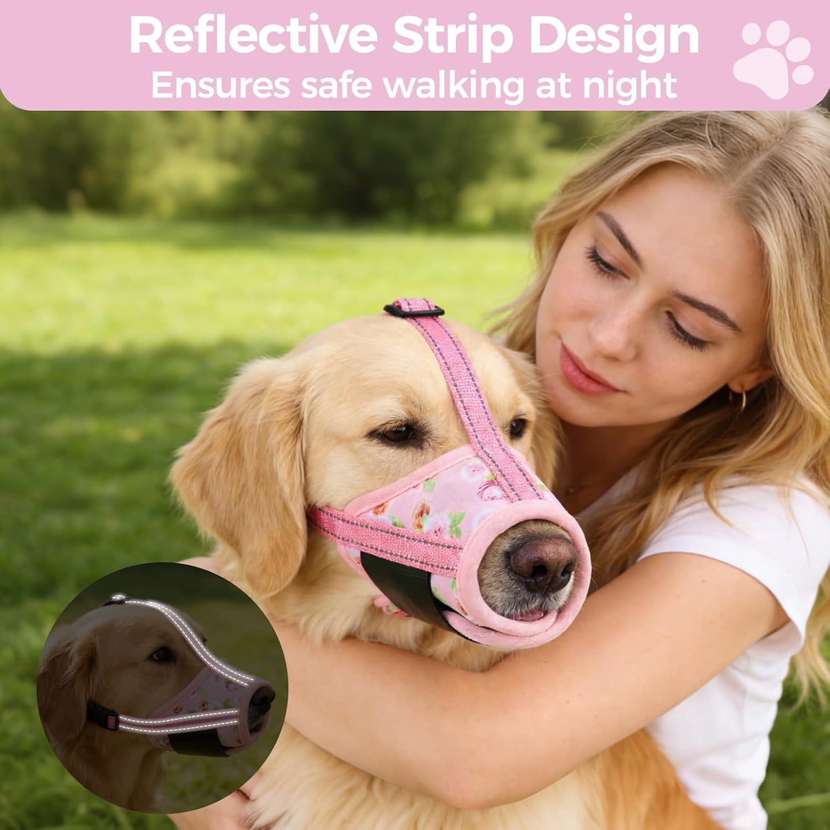 Dog Muzzle, Soft Muzzle Anti Biting Barking Chewing, Comfortable Air Mesh Mouth Guard Breathable Adjustable Loop Pets Muzzle for Small Medium Large Dogs,Allows Panting Drinking,Pink Flowers S