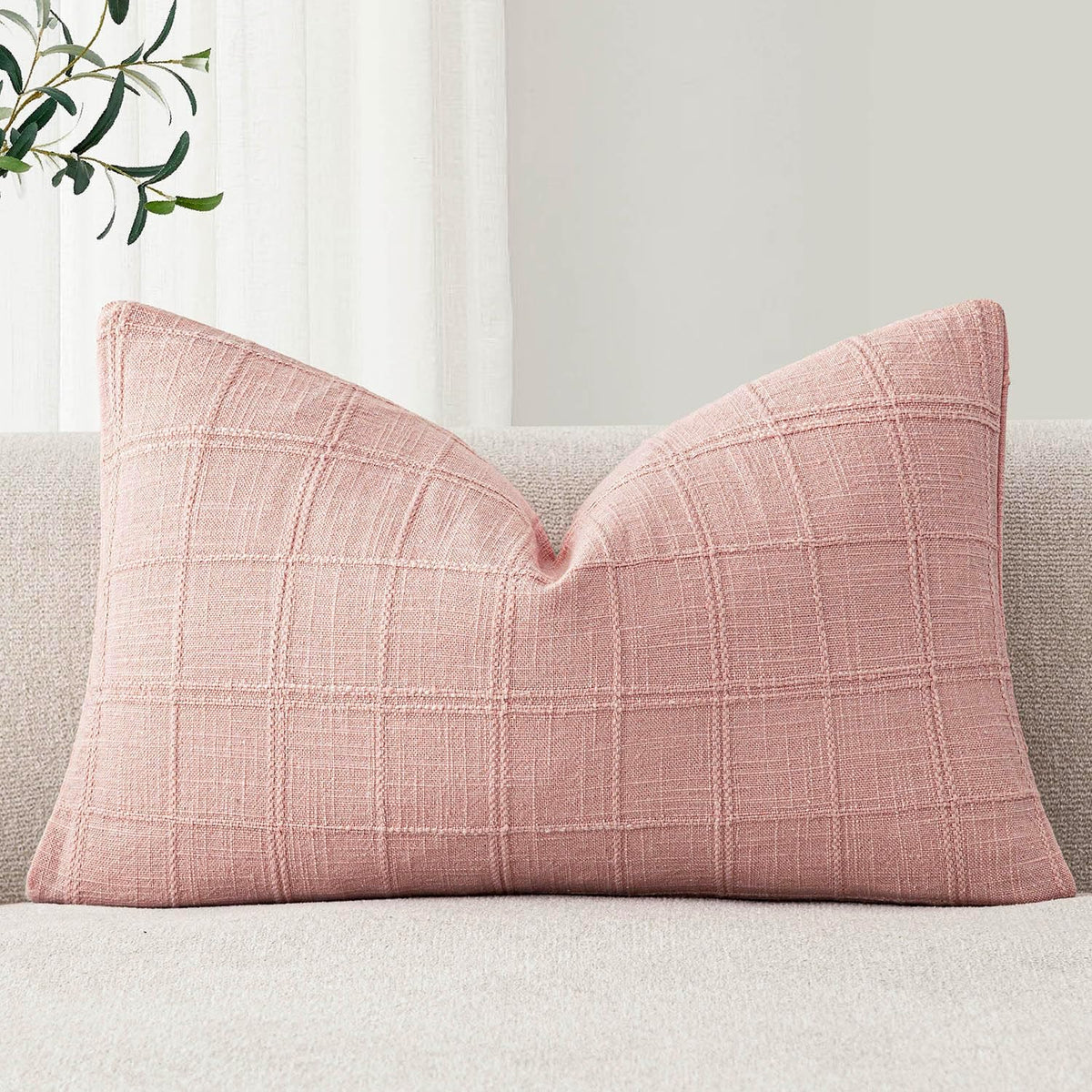 Set of 1 Decorative Linen Check Throw Pillow Cover Neutral Farmhouse Lumbar Cushion Cover Modern Coastal Boho Accent Home Decor for Sofa Chair Couch Bed Living Room,12×20 Inch,Light Pink