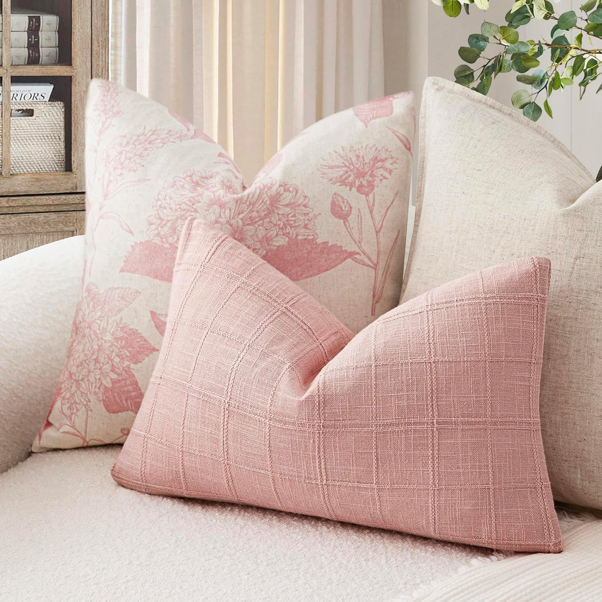 Set of 1 Decorative Linen Check Throw Pillow Cover Neutral Farmhouse Lumbar Cushion Cover Modern Coastal Boho Accent Home Decor for Sofa Chair Couch Bed Living Room,12×20 Inch,Light Pink