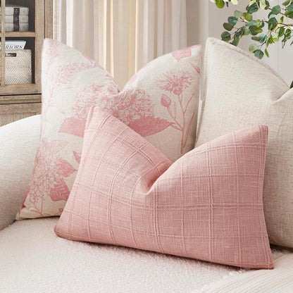 Set of 1 Decorative Linen Check Throw Pillow Cover Neutral Farmhouse Lumbar Cushion Cover Modern Coastal Boho Accent Home Decor for Sofa Chair Couch Bed Living Room,12×20 Inch,Light Pink