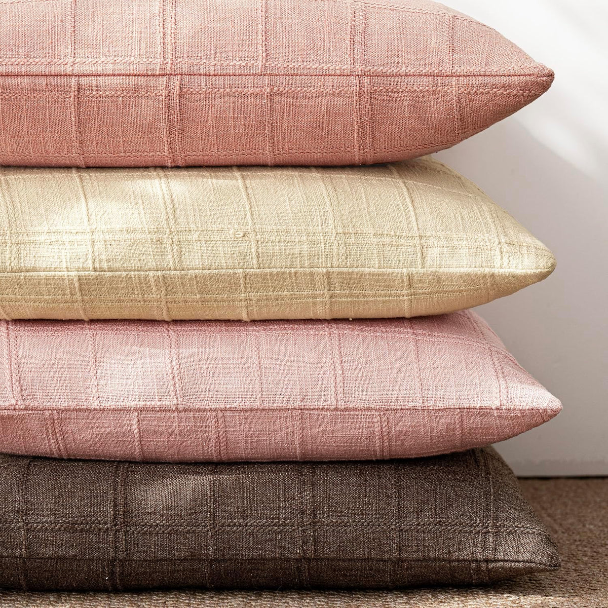Set of 1 Decorative Linen Check Throw Pillow Cover Neutral Farmhouse Lumbar Cushion Cover Modern Coastal Boho Accent Home Decor for Sofa Chair Couch Bed Living Room,12×20 Inch,Light Pink