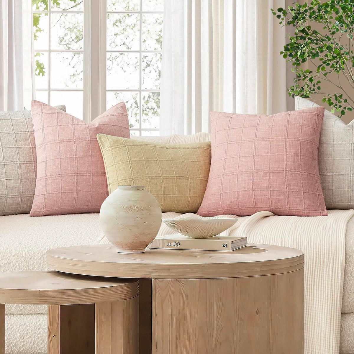 Set of 1 Decorative Linen Check Throw Pillow Cover Neutral Farmhouse Lumbar Cushion Cover Modern Coastal Boho Accent Home Decor for Sofa Chair Couch Bed Living Room,12×20 Inch,Light Pink