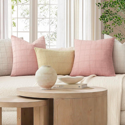 Set of 1 Decorative Linen Check Throw Pillow Cover Neutral Farmhouse Lumbar Cushion Cover Modern Coastal Boho Accent Home Decor for Sofa Chair Couch Bed Living Room,12×20 Inch,Light Pink