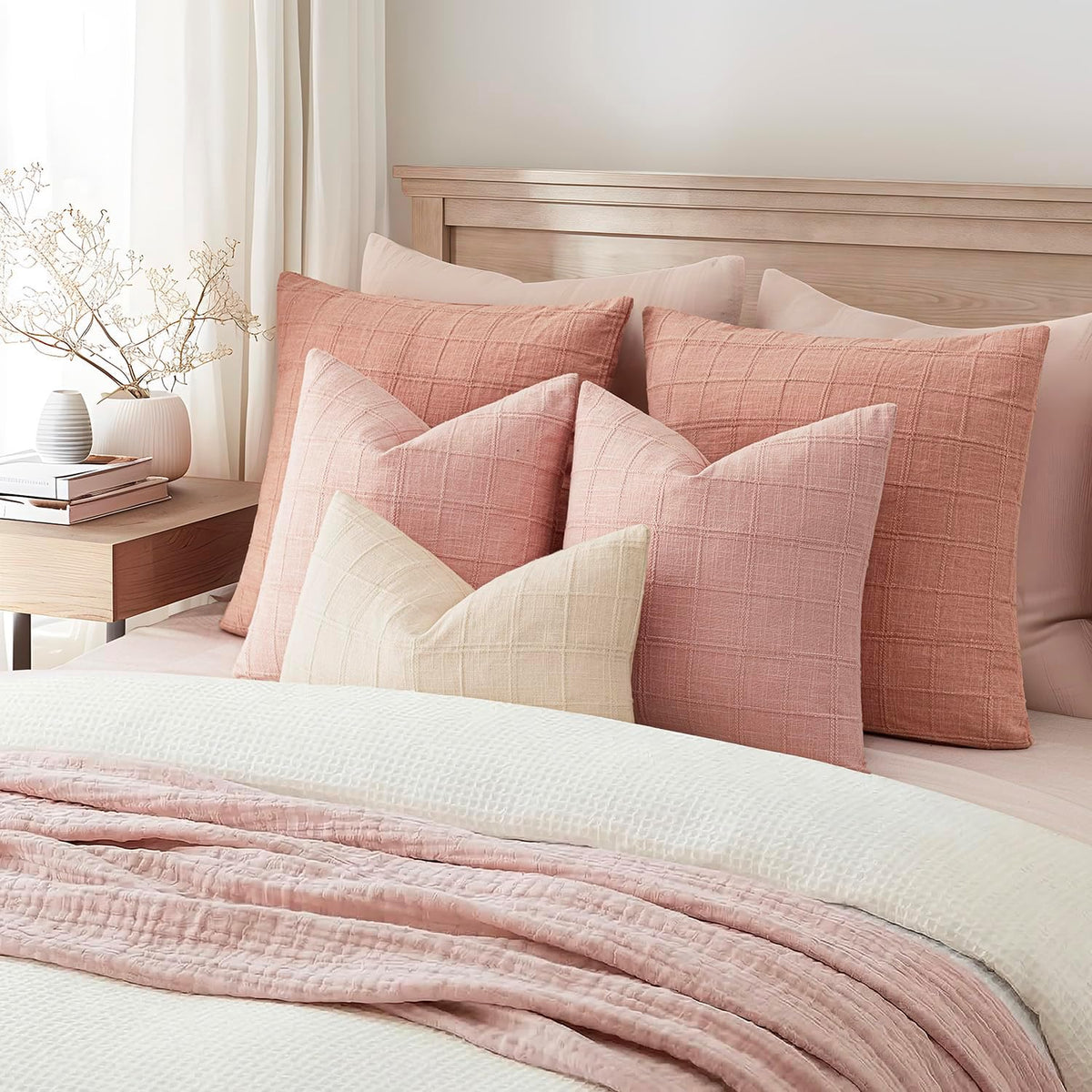 Set of 1 Decorative Linen Check Throw Pillow Cover Neutral Farmhouse Lumbar Cushion Cover Modern Coastal Boho Accent Home Decor for Sofa Chair Couch Bed Living Room,12×20 Inch,Light Pink