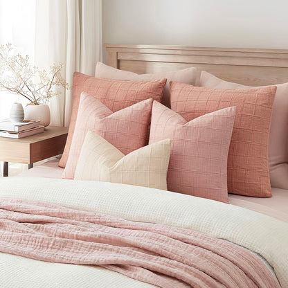 Set of 1 Decorative Linen Check Throw Pillow Cover Neutral Farmhouse Lumbar Cushion Cover Modern Coastal Boho Accent Home Decor for Sofa Chair Couch Bed Living Room,12×20 Inch,Light Pink