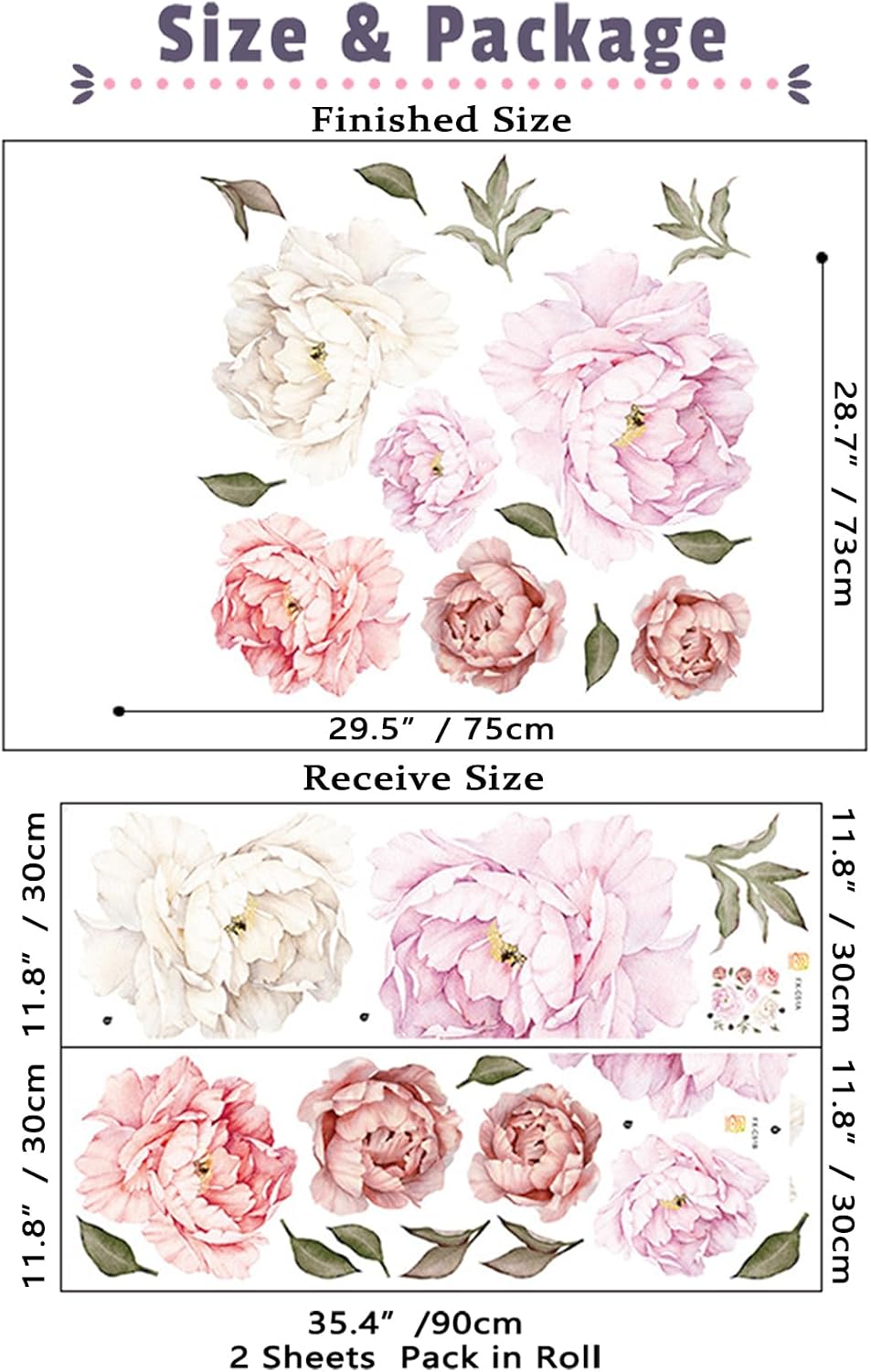 Watercolor Peony Flowers Wall Decals Floral Wall Stickers for Living Room, Delicate White & Pink Flowers Wall Posters Vinyl Blossom Art Applique for Bedroom Girls Room