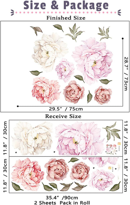 Watercolor Peony Flowers Wall Decals Floral Wall Stickers for Living Room, Delicate White & Pink Flowers Wall Posters Vinyl Blossom Art Applique for Bedroom Girls Room