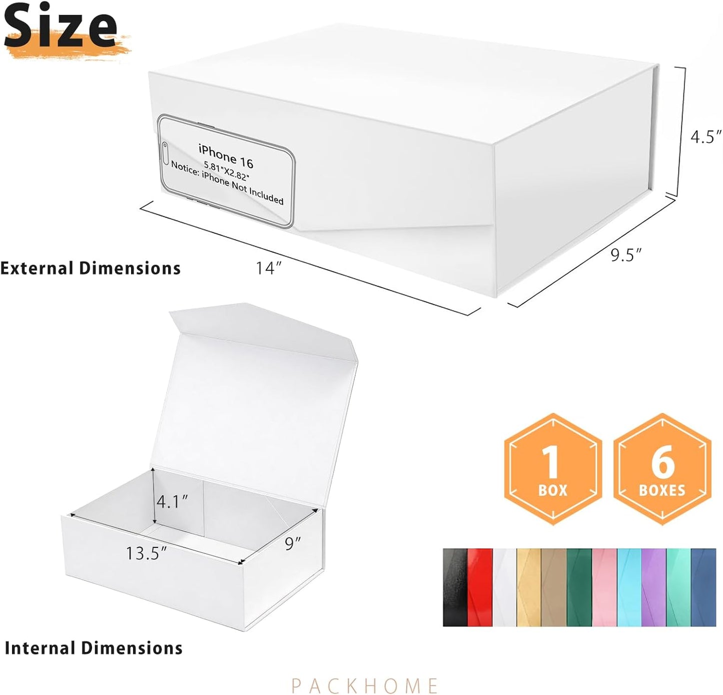PACKHOME 6 Large Gift Boxes with Lids 13.5x9x4.1 Inches, Sturdy Collapsible Gift Boxes with Magnetic Closure (Glossy White)