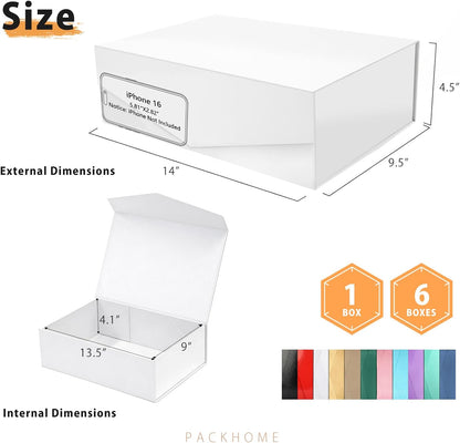 PACKHOME 6 Large Gift Boxes with Lids 13.5x9x4.1 Inches, Sturdy Collapsible Gift Boxes with Magnetic Closure (Glossy White)