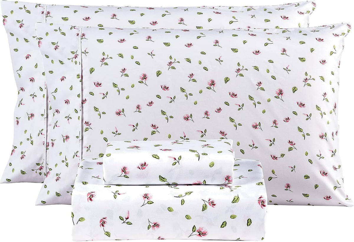 Queen Sheets Set - 4 Pieces Soft Breathable Microfiber Bed Sheet Set - Pink Flower Green Leaf Pattern Sheet Set - Deep Pocket Non-Slip Floral Printed Fitted Sheet Included for All Season