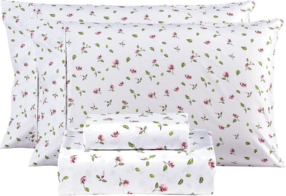 Queen Sheets Set - 4 Pieces Soft Breathable Microfiber Bed Sheet Set - Pink Flower Green Leaf Pattern Sheet Set - Deep Pocket Non-Slip Floral Printed Fitted Sheet Included for All Season