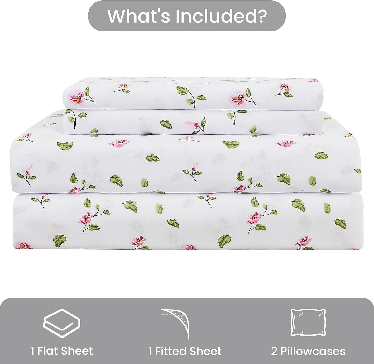 Queen Sheets Set - 4 Pieces Soft Breathable Microfiber Bed Sheet Set - Pink Flower Green Leaf Pattern Sheet Set - Deep Pocket Non-Slip Floral Printed Fitted Sheet Included for All Season