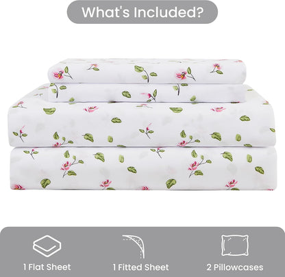 Queen Sheets Set - 4 Pieces Soft Breathable Microfiber Bed Sheet Set - Pink Flower Green Leaf Pattern Sheet Set - Deep Pocket Non-Slip Floral Printed Fitted Sheet Included for All Season