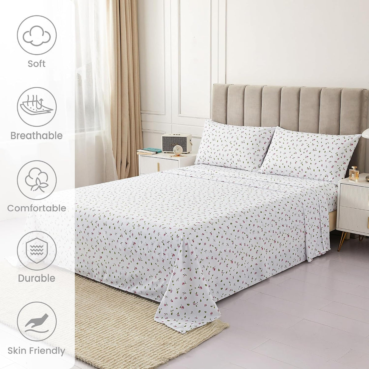 Queen Sheets Set - 4 Pieces Soft Breathable Microfiber Bed Sheet Set - Pink Flower Green Leaf Pattern Sheet Set - Deep Pocket Non-Slip Floral Printed Fitted Sheet Included for All Season