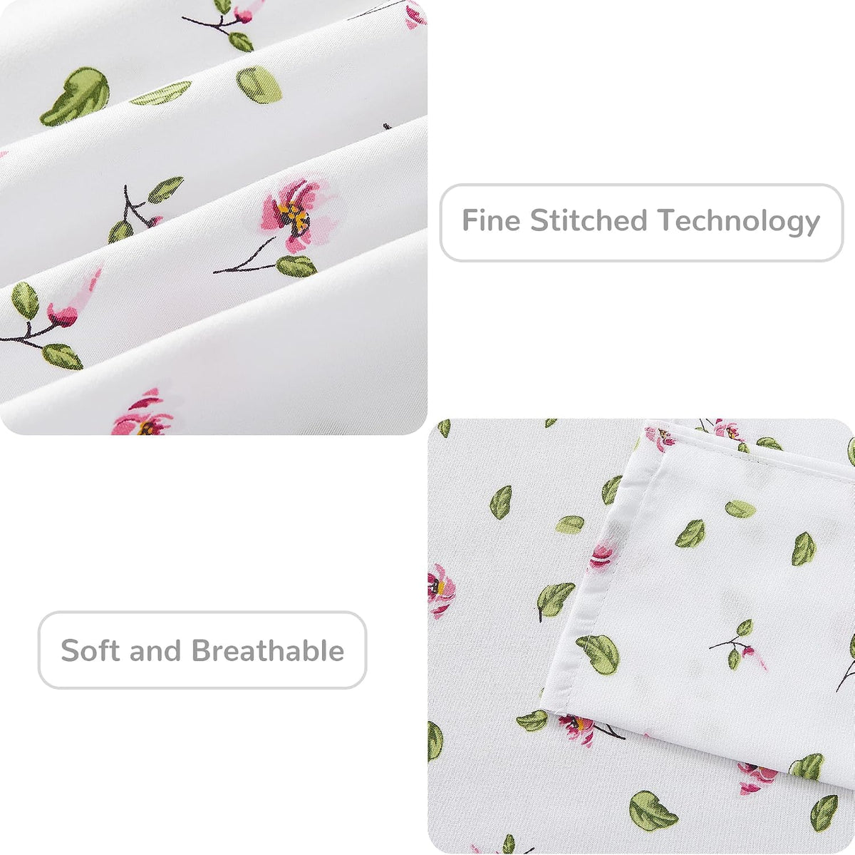 Queen Sheets Set - 4 Pieces Soft Breathable Microfiber Bed Sheet Set - Pink Flower Green Leaf Pattern Sheet Set - Deep Pocket Non-Slip Floral Printed Fitted Sheet Included for All Season