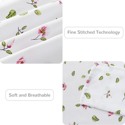 Queen Sheets Set - 4 Pieces Soft Breathable Microfiber Bed Sheet Set - Pink Flower Green Leaf Pattern Sheet Set - Deep Pocket Non-Slip Floral Printed Fitted Sheet Included for All Season