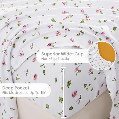 Queen Sheets Set - 4 Pieces Soft Breathable Microfiber Bed Sheet Set - Pink Flower Green Leaf Pattern Sheet Set - Deep Pocket Non-Slip Floral Printed Fitted Sheet Included for All Season