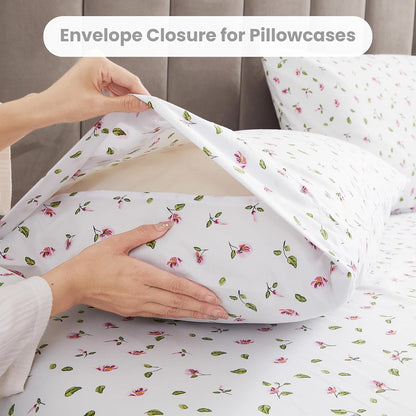 Queen Sheets Set - 4 Pieces Soft Breathable Microfiber Bed Sheet Set - Pink Flower Green Leaf Pattern Sheet Set - Deep Pocket Non-Slip Floral Printed Fitted Sheet Included for All Season