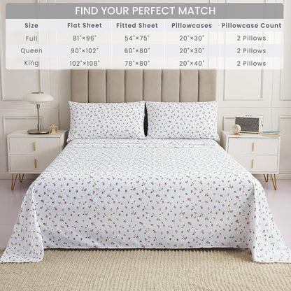 Queen Sheets Set - 4 Pieces Soft Breathable Microfiber Bed Sheet Set - Pink Flower Green Leaf Pattern Sheet Set - Deep Pocket Non-Slip Floral Printed Fitted Sheet Included for All Season