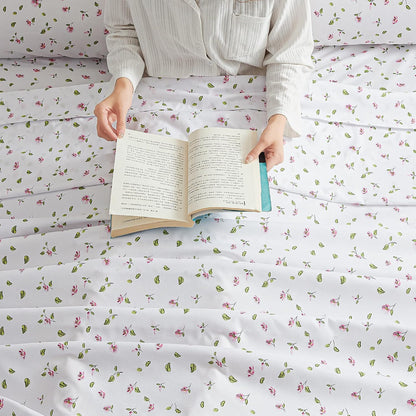 Queen Sheets Set - 4 Pieces Soft Breathable Microfiber Bed Sheet Set - Pink Flower Green Leaf Pattern Sheet Set - Deep Pocket Non-Slip Floral Printed Fitted Sheet Included for All Season