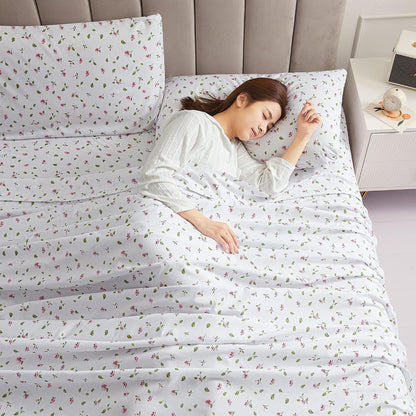 Queen Sheets Set - 4 Pieces Soft Breathable Microfiber Bed Sheet Set - Pink Flower Green Leaf Pattern Sheet Set - Deep Pocket Non-Slip Floral Printed Fitted Sheet Included for All Season