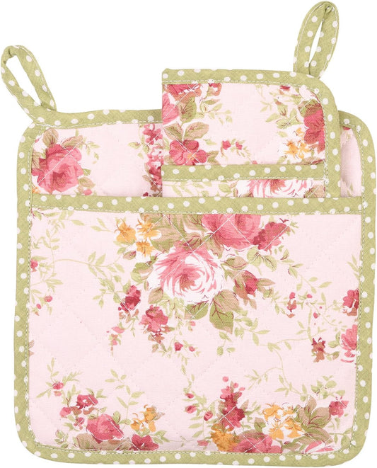 Quilted Pot Holder Set of 2 for Daily Kitchen, Heat Resistant Hanging Pot Holder with Pocket for Easy Grip, Floral Quartz Pink
