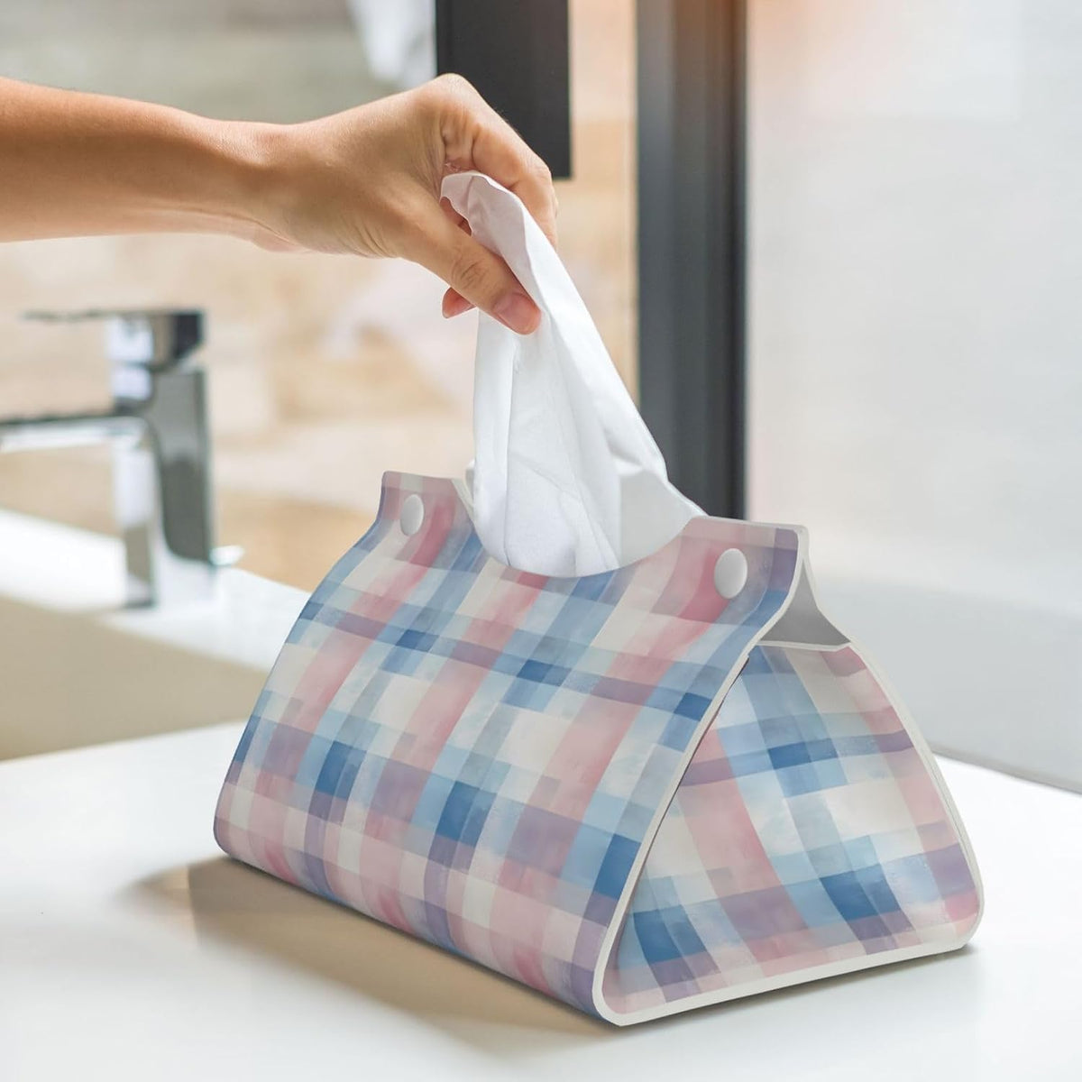 Leather Tissue Box Cover Tissue Box Holder Pink Blue Checkerboard Decorative Tissue Cover for Home Office Car