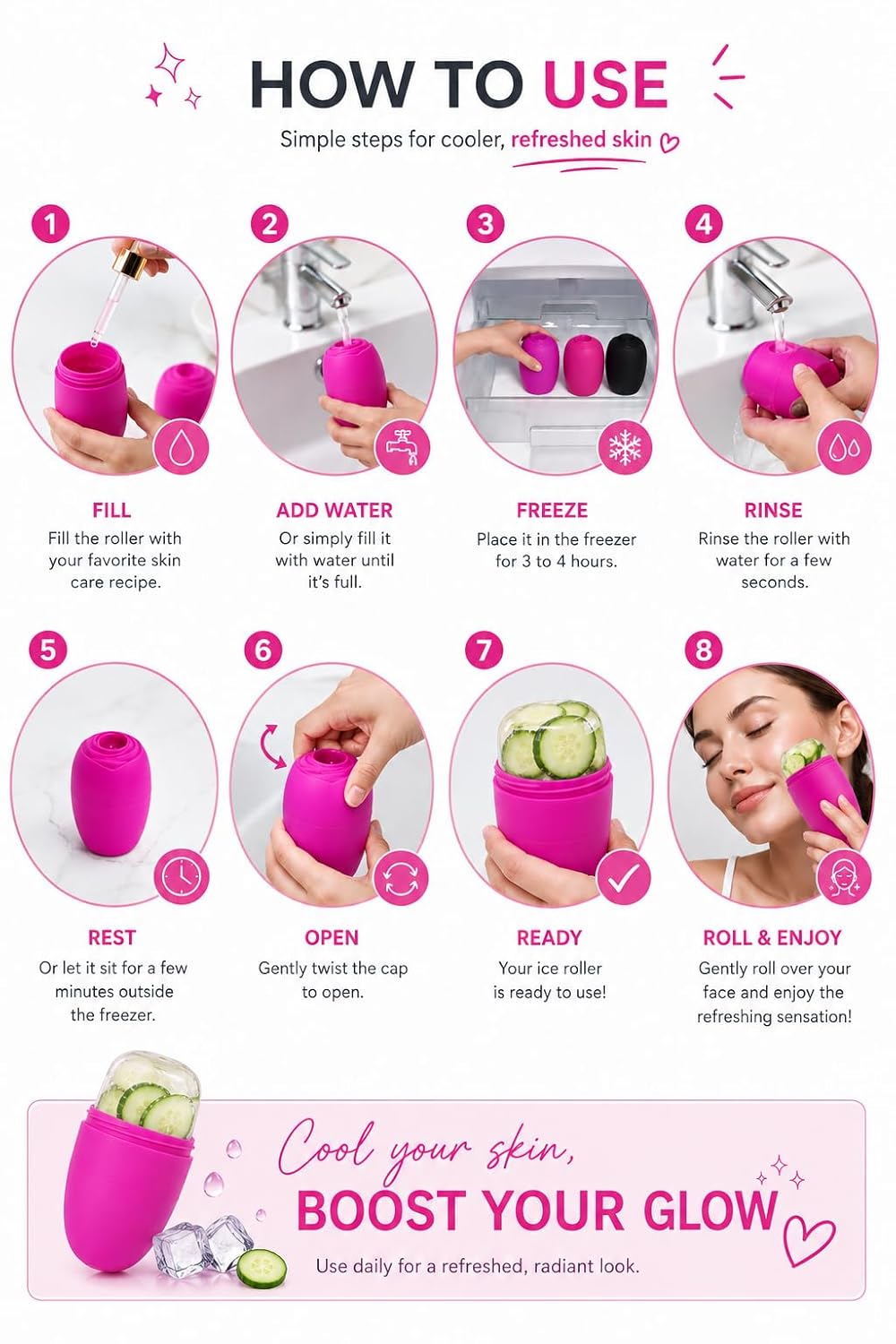 Ice Roller for Face & Eyes – Silicone Facial Ice Roller for Skin Care, Cooling Beauty Tool for Puffiness & Refreshing Massage, Cute Self Care Gift for Women (Fuchsia Pink)