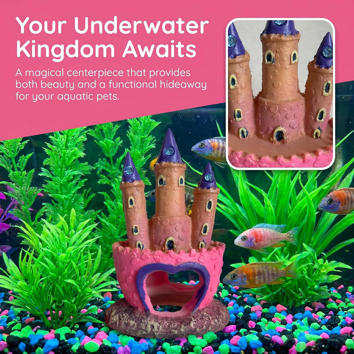 Pink Resin Aquarium Castle Decor, Fish Tank Cave Hideout for Betta Fish, Shrimp, Cichlids - Princess Style Ornament Safe for Freshwater & Saltwater Tanks, Medium Size