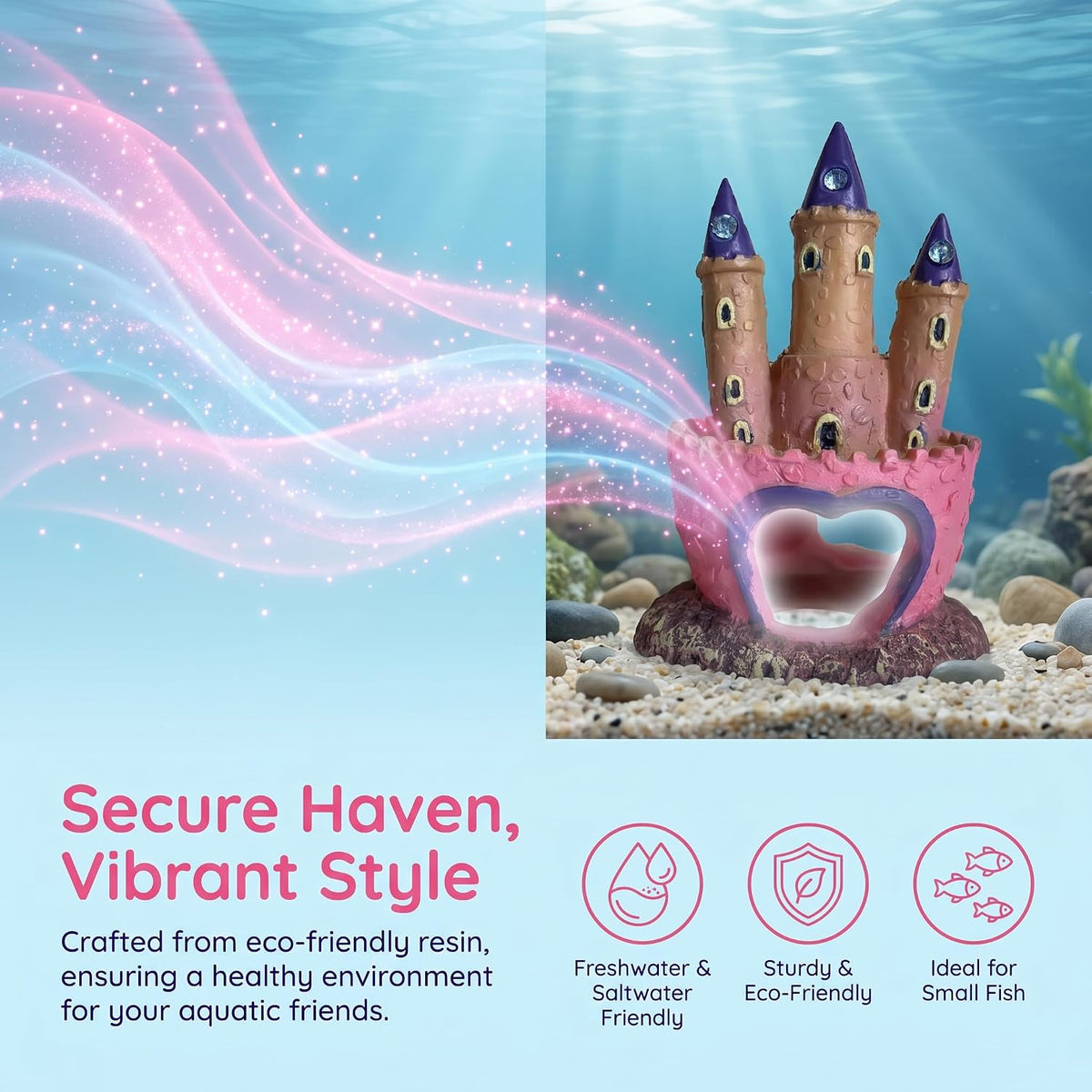 Pink Resin Aquarium Castle Decor, Fish Tank Cave Hideout for Betta Fish, Shrimp, Cichlids - Princess Style Ornament Safe for Freshwater & Saltwater Tanks, Medium Size