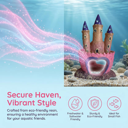 Pink Resin Aquarium Castle Decor, Fish Tank Cave Hideout for Betta Fish, Shrimp, Cichlids - Princess Style Ornament Safe for Freshwater & Saltwater Tanks, Medium Size