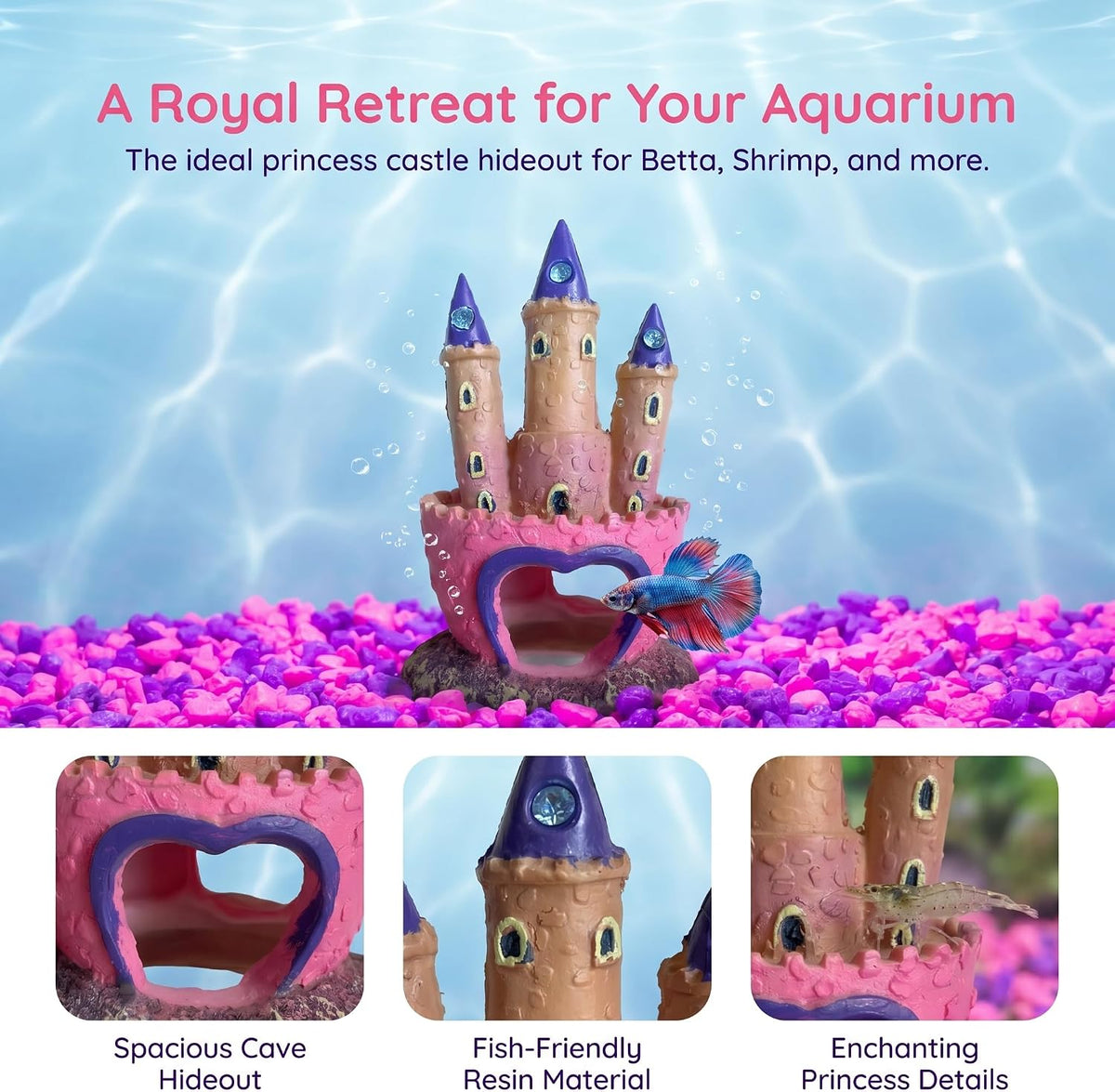 Pink Resin Aquarium Castle Decor, Fish Tank Cave Hideout for Betta Fish, Shrimp, Cichlids - Princess Style Ornament Safe for Freshwater & Saltwater Tanks, Medium Size