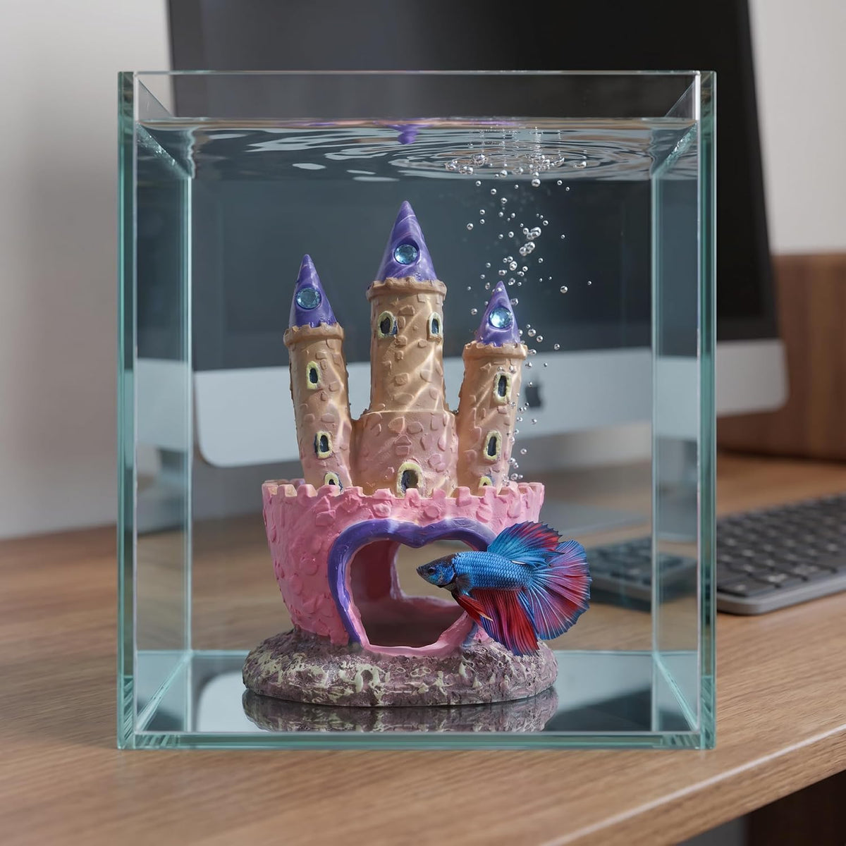 Pink Resin Aquarium Castle Decor, Fish Tank Cave Hideout for Betta Fish, Shrimp, Cichlids - Princess Style Ornament Safe for Freshwater & Saltwater Tanks, Medium Size
