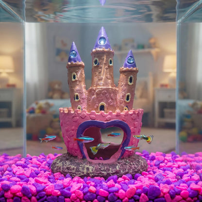 Pink Resin Aquarium Castle Decor, Fish Tank Cave Hideout for Betta Fish, Shrimp, Cichlids - Princess Style Ornament Safe for Freshwater & Saltwater Tanks, Medium Size