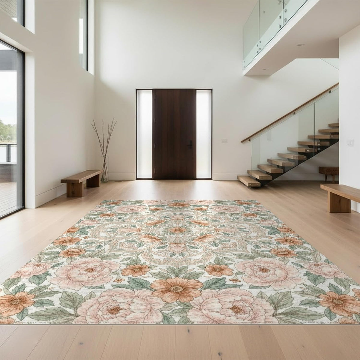 8'x10' Easy Clean Traditional Botanical Massive Rug, Peach for King Size Bedroom, Master Suite, Under Bed, Sleek Flatweave Pet Friendly Built-in Grip Mat | 2117940