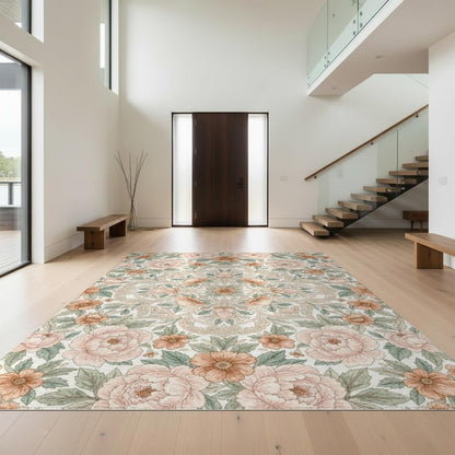 8'x10' Easy Clean Traditional Botanical Massive Rug, Peach for King Size Bedroom, Master Suite, Under Bed, Sleek Flatweave Pet Friendly Built-in Grip Mat | 2117940