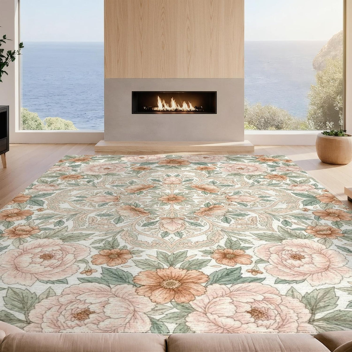 8'x10' Easy Clean Traditional Botanical Massive Rug, Peach for King Size Bedroom, Master Suite, Under Bed, Sleek Flatweave Pet Friendly Built-in Grip Mat | 2117940