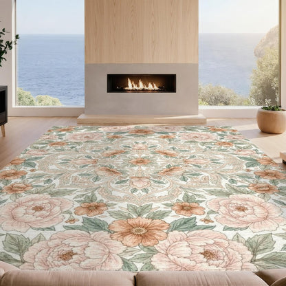 8'x10' Easy Clean Traditional Botanical Massive Rug, Peach for King Size Bedroom, Master Suite, Under Bed, Sleek Flatweave Pet Friendly Built-in Grip Mat | 2117940