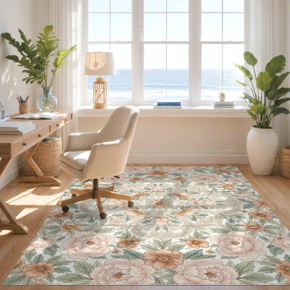 8'x10' Easy Clean Traditional Botanical Massive Rug, Peach for King Size Bedroom, Master Suite, Under Bed, Sleek Flatweave Pet Friendly Built-in Grip Mat | 2117940